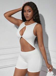 SHEIN SXY 前鏤空彈力緊身連體短褲 - 白色 - 查看 4