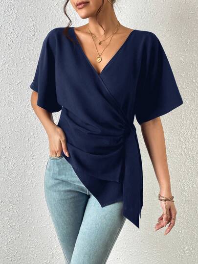 SHEIN LUNE 蝙蝠袖側打結圍裹女士襯衫