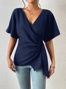 SHEIN LUNE Batwing Sleeve Knot Side Wrap Blouse