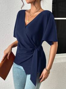 SHEIN LUNE Batwing Sleeve Knot Side Wrap Blouse