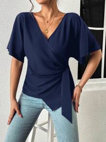 SHEIN LUNE Batwing Sleeve Knot Side Wrap Blouse