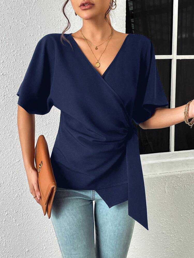 Batwing Sleeve Knot Side Wrap Blouse,Casual