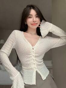 DAZY Solid Button Front Lettuce Trim Top,Ruffle Long Sleeve Women Tops