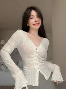 DAZY Solid Button Front Lettuce Trim Top,Ruffle Long Sleeve Women Tops