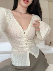 DAZY Solid Button Front Lettuce Trim Top,Ruffle Long Sleeve Women Tops