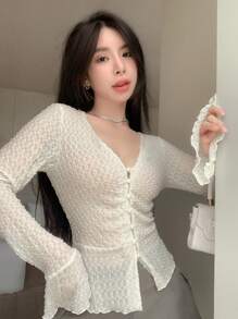 DAZY Solid Button Front Lettuce Trim Top,Ruffle Long Sleeve Women Tops