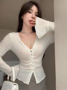 DAZY Solid Button Front Lettuce Trim Top,Ruffle Long Sleeve Women Tops