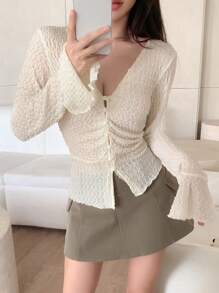 DAZY Solid Button Front Lettuce Trim Top,Ruffle Long Sleeve Women Tops