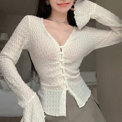 레터스 트림 장식 버튼 프런트 탑, 러플 롱 슬리브 여성 탑