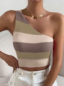 RosyDaze Colour Block One Shoulder Crop Knit Top - Multicolor - View 1