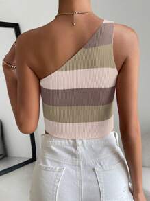 RosyDaze Colour Block One Shoulder Crop Knit Top - Multicolor - View 2
