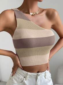 RosyDaze Colour Block One Shoulder Crop Knit Top - Multicolor - View 4