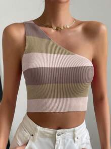 RosyDaze Colour Block One Shoulder Crop Knit Top - Multicolor - View 5