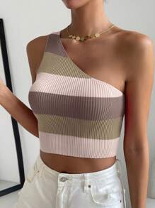 RosyDaze Colour Block One Shoulder Crop Knit Top - Multicolor - View 6
