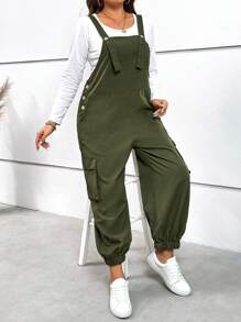 SHEIN LUNE Talla grande Mono overol con bolsillo lateral con solapa sin camiseta - Verde militar - Ver 4