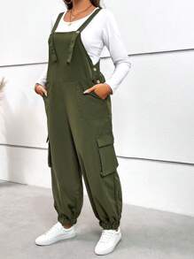 SHEIN LUNE Talla grande Mono overol con bolsillo lateral con solapa sin camiseta - Verde militar - Ver 5