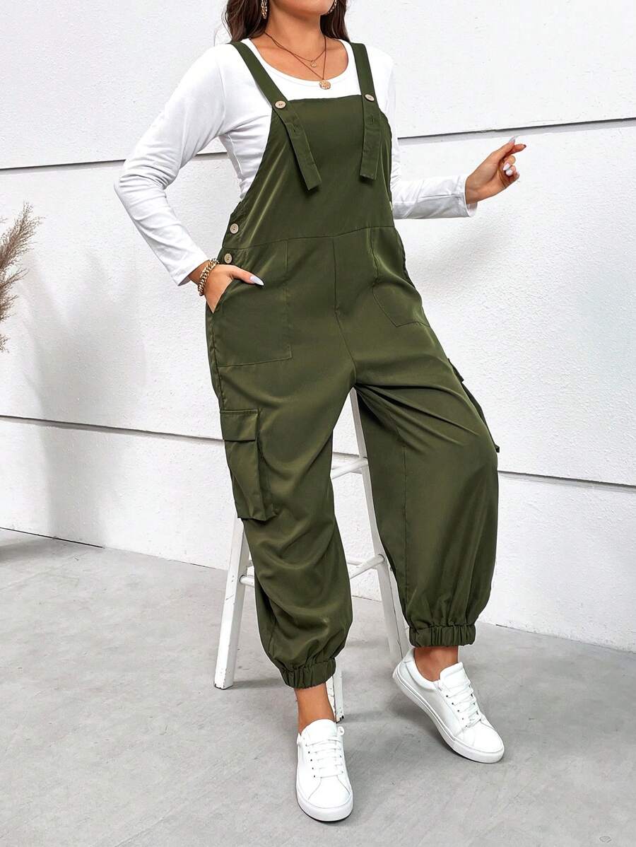 SHEIN LUNE Talla grande Mono overol con bolsillo lateral con solapa sin camiseta - Verde militar - Ver 1
