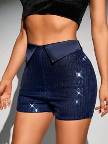 Allurite Foldover Waist Sequin Shorts - Navy Blue - View 6