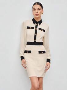 BizChic Contrast Trim Button Front Dress - Beige - View 4