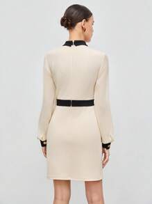 BizChic Contrast Trim Button Front Dress - Beige - View 2