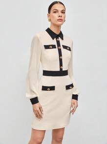 BizChic Contrast Trim Button Front Dress - Beige - View 3