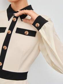 BizChic Contrast Trim Button Front Dress - Beige - View 5