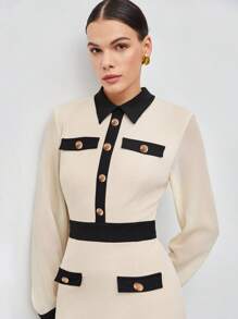 BizChic Contrast Trim Button Front Dress - Beige - View 7