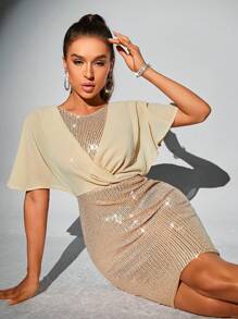 Zolique Batwing Sleeve Sequin Bodycon Dress - Champagne - View 3
