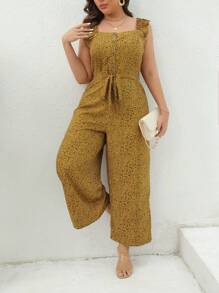 Calvaya 大碼滿版印花荷葉邊腰帶連身褲 - 黃色 - 查看 1