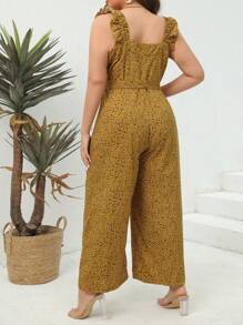 Calvaya 大碼滿版印花荷葉邊腰帶連身褲 - 黃色 - 查看 2