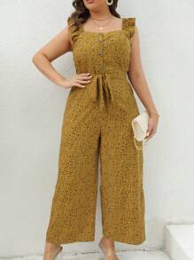 Calvaya 大碼滿版印花荷葉邊腰帶連身褲 - 黃色 - 查看 3