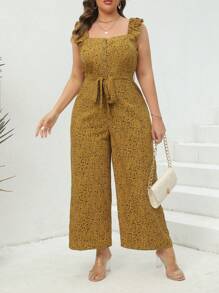 Calvaya 大碼滿版印花荷葉邊腰帶連身褲 - 黃色 - 查看 4