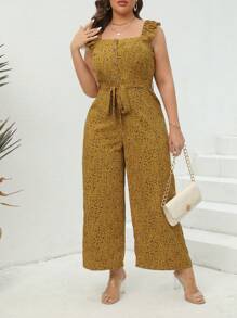 Calvaya 大碼滿版印花荷葉邊腰帶連身褲 - 黃色 - 查看 6