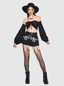 ROMWE Goth Off Shoulder Mặt trước dây rút Áo đan Crop - màu đen - Xem 1