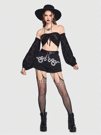 Goth Summer Crochet Beach Off Shoulder Drawstring Front Crop Knit Top