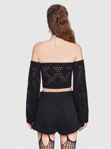 ROMWE Goth Off Shoulder Mặt trước dây rút Áo đan Crop - màu đen - Xem 3
