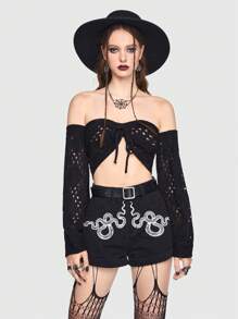 ROMWE Goth Off Shoulder Mặt trước dây rút Áo đan Crop - màu đen - Xem 4