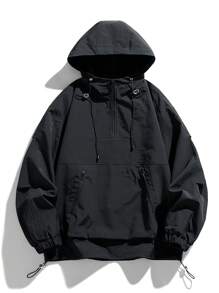 Men Half Zip Drawstring Hem Hooded Jacket