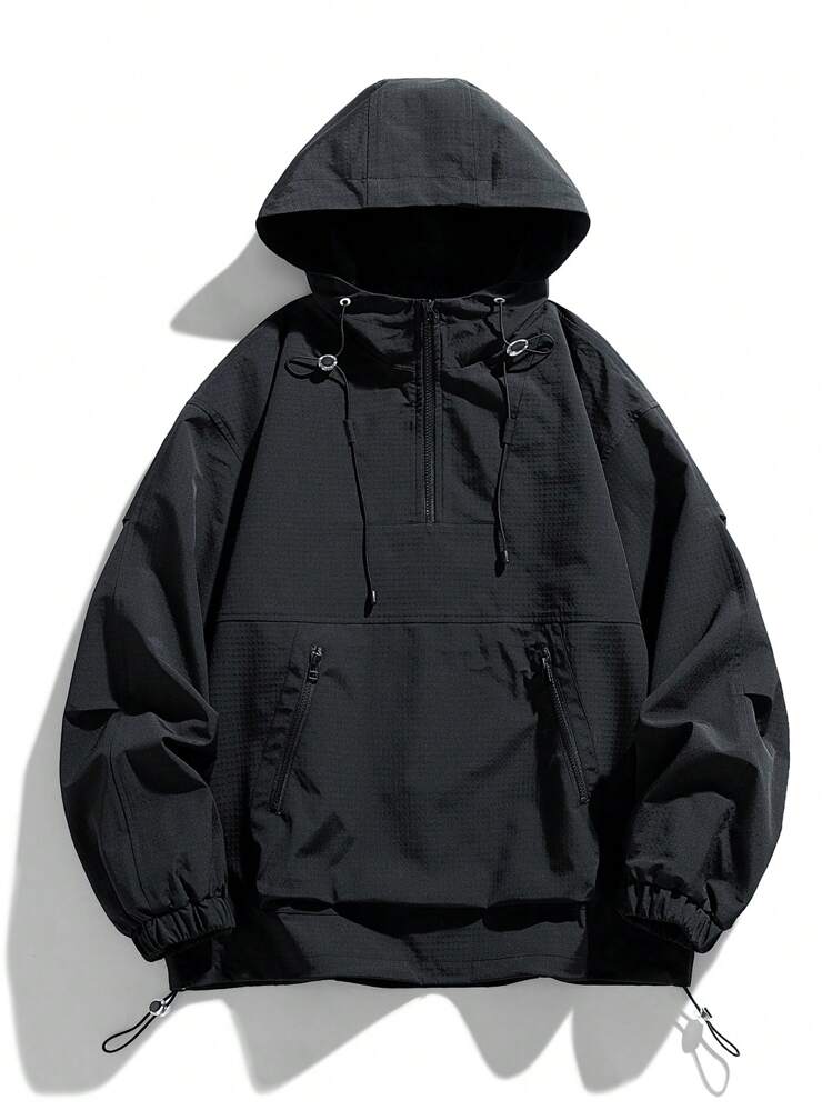 メンズ 長袖 ハーフジップ ドローストリング裾 フード付きジャケット