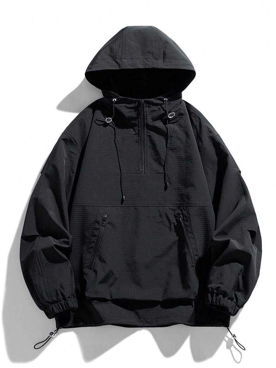 Men Half Zip Drawstring Hem Hooded Jacket