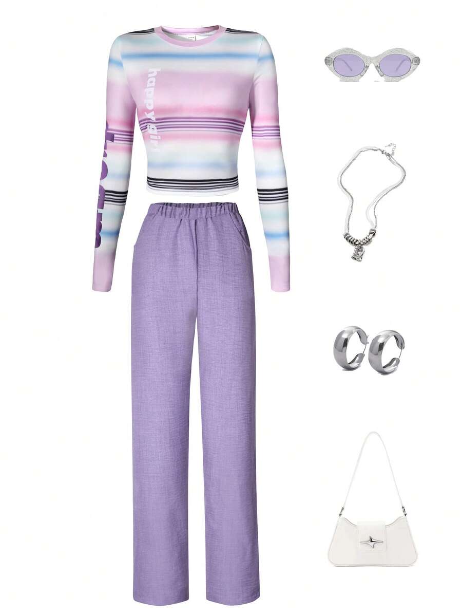 Teen Girl Striped Print Tee & Pants - Multicolor - View 1