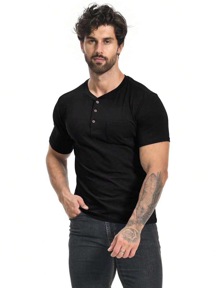 Men Cotton Solid Pocket Patched Tee - Black - View 1