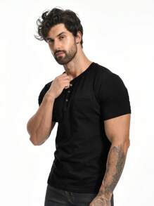 Men Cotton Solid Pocket Patched Tee - Black - View 3