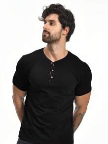 Men Cotton Solid Pocket Patched Tee - Black - View 5