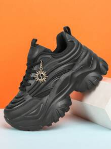 女士时尚休闲运动鞋高台白色厚底高跟鞋，舒适保暖冬季女式运动鞋，金属向日葵装饰时尚厚底运动鞋，适合青少年女孩大学生户外全季轻便透气防滑跑步鞋夏季网眼凉鞋，适合日常穿着、约会、健身、工作，增高 6CM 平台 - 黑色 - 查看 1