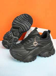 女士时尚休闲运动鞋高台白色厚底高跟鞋，舒适保暖冬季女式运动鞋，金属向日葵装饰时尚厚底运动鞋，适合青少年女孩大学生户外全季轻便透气防滑跑步鞋夏季网眼凉鞋，适合日常穿着、约会、健身、工作，增高 6CM 平台 - 黑色 - 查看 3