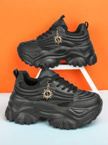 女士时尚休闲运动鞋高台白色厚底高跟鞋，舒适保暖冬季女式运动鞋，金属向日葵装饰时尚厚底运动鞋，适合青少年女孩大学生户外全季轻便透气防滑跑步鞋夏季网眼凉鞋，适合日常穿着、约会、健身、工作，增高 6CM 平台 - 黑色 - 查看 6