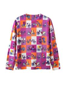 卡通&格紋圖案套頭毛衣 - 紫色 - 查看 1