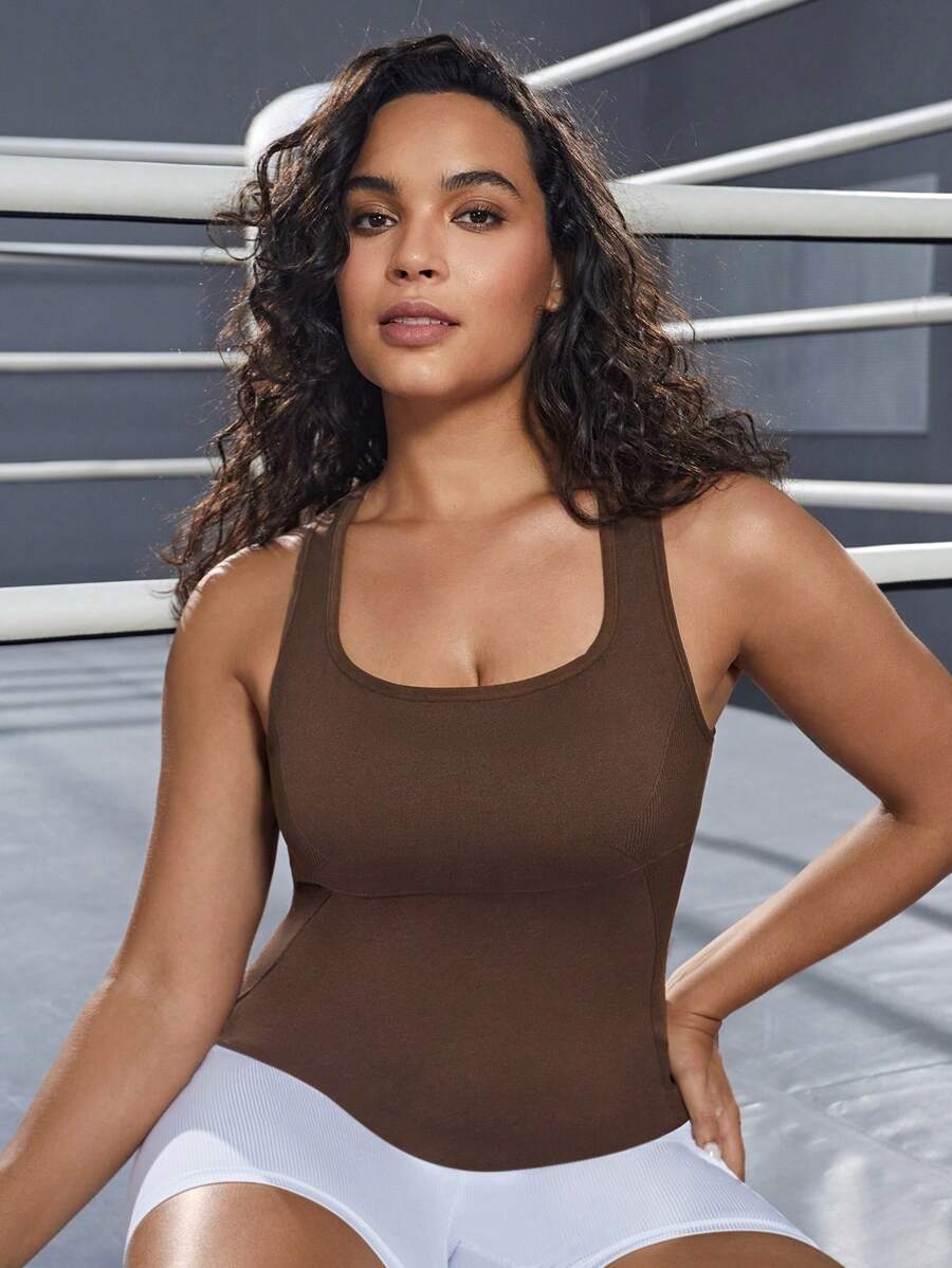 SHEIN Sports 純色大碼運動T恤 & 背心 - 咖啡棕 - 查看 1