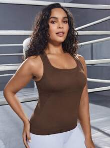 SHEIN Sports 純色大碼運動T恤 & 背心 - 咖啡棕 - 查看 4